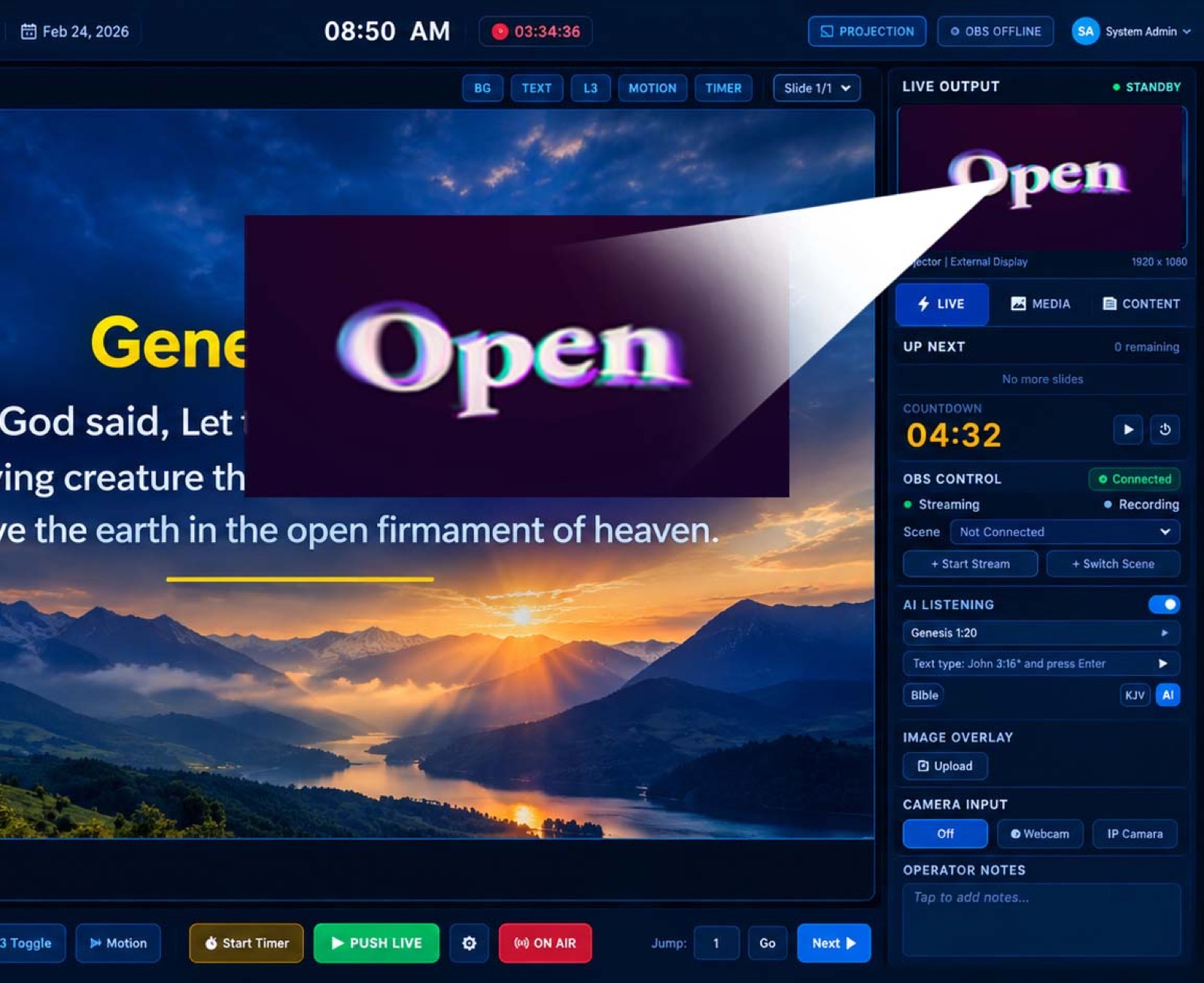 Worship Console live service screen