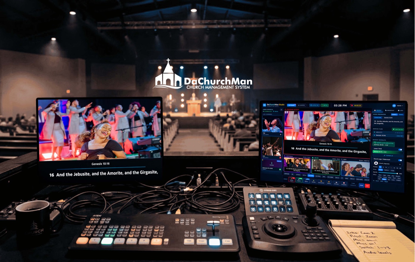 Church media booth running Worship Studio